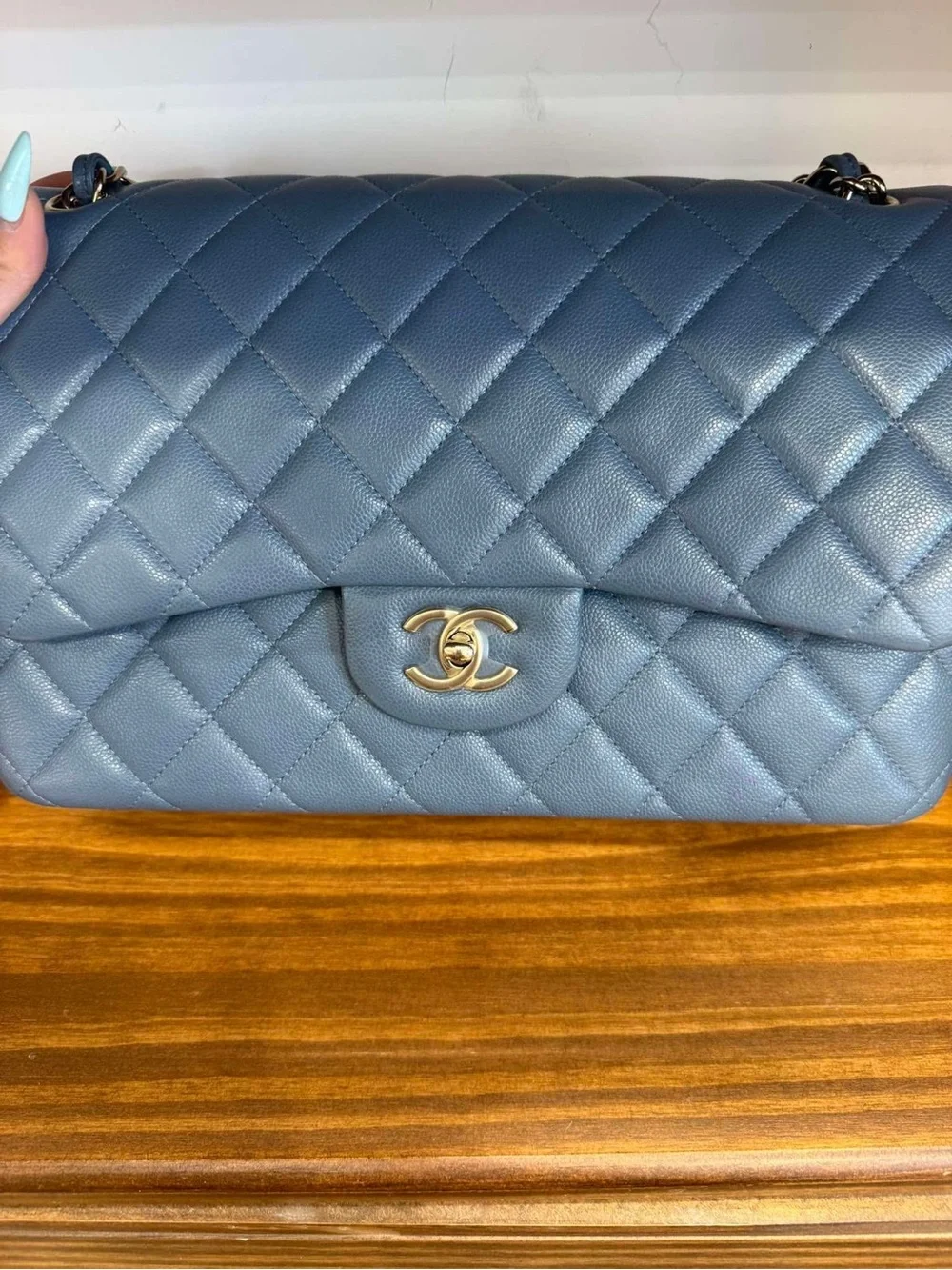 CHANEL Blue Quilted Caviar Double Flap Shoulder Bag with Gold Hardware